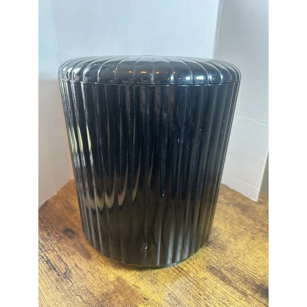 Vintage Black Ribbed Ice Bucket Removable Insert Georges Briard Japan Bar